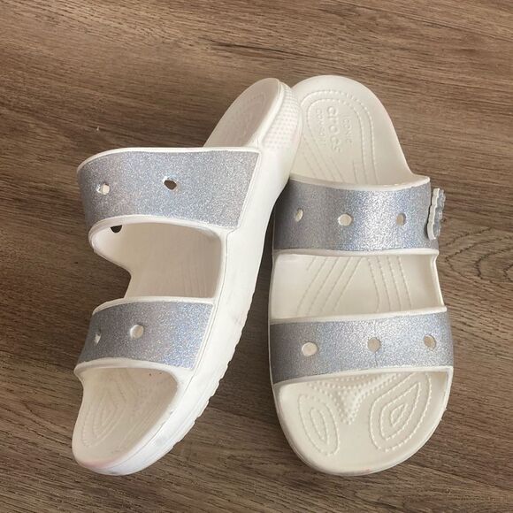 Crocs White Sparkly Sandals Sz 10 - Picture 1 of 7